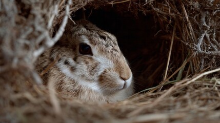 Fototapeta premium Burrow-dwelling hare peeks through woven hay, evoking Imbolcs quiet renewal and cozy whisperings of Earth Days promise