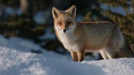 Rust-hued fox, eyes gleaming with winter mischief, prowls snow-draped forest, embodying Imbolc's renewal and Kitsune myth
