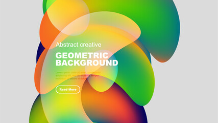 Obraz premium Vibrant overlapping shapes create dynamic abstract background. Text present, button visible. Modern design elements dominate composition.