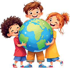 Vsai happy children embracing earth globe protecting planet unity