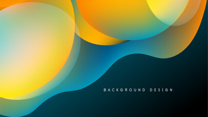 Abstract fluid shapes overlap, creating vibrant gradients. Yellows, oranges, blues blend against dark background. Modern design element.