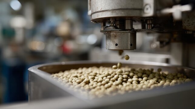 Industrial steel contraption cascades vibrant green soybeans, symbolizing Japan's fruitful Aki Matsuri harvest and modern-day alchemy