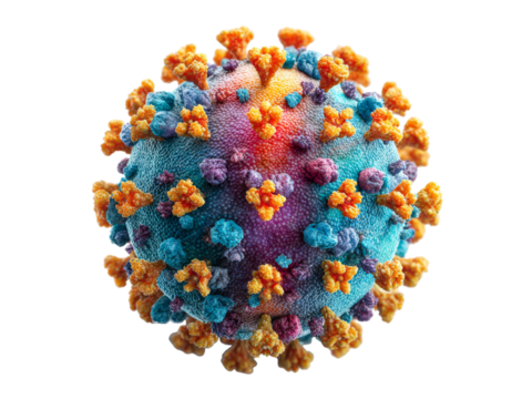 Microscopic view of a colorful virus particle, Isolated On White Background, Png Transparent