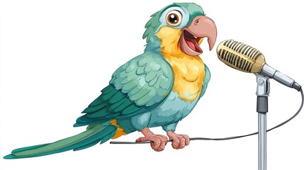 A colorful parrot enthusiastically singing into a vintage microphone on a white background