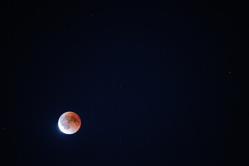 Blood moon glowing during lunar eclipse in a starry night sky, mystical celestial scene with cosmic atmosphere