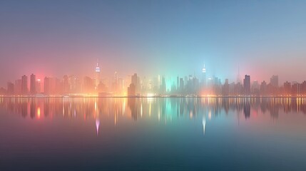 Futuristic City Skyline at Twilight Glowing with Neon Lights Reflecting in Calm Water Under a Soft Blue and Pink Sky