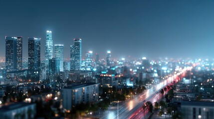 Futuristic Cityscape at Night with Glowing Lights and Long Exposure Trails Modern Architecture with Towering Skyscrapers and Trees Aerial View
