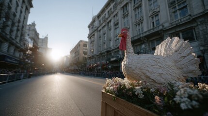 Turkey statue basking in city sunrise, symbolizing Thanksgiving harvest celebration and quirky urban art, reminiscent of Festivus spirit