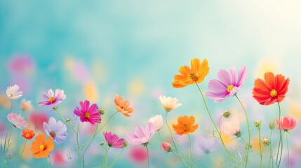 Colorful cosmos flowers in orange pink red and white with a soft diffused light blue background
