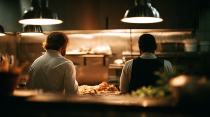 A couple of chefs sharing tasks in a cozy restaurant kitchen, warm ambient lighting, soft storytelling tone --ar 16:9 --profile evyncbp --v 7 Job ID: 21b166e7-734c-4581-97e0-22f3935d4025