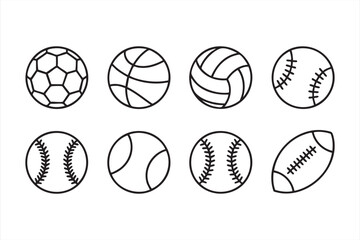 Vector set of athletics and recreation balls, outline drawings of football, volleyball, and baseball icons