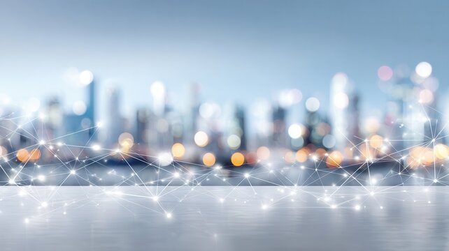 Futuristic network connecting buildings in a modern city skyline at twilight, symbolizing communication and wireless technology - Powered by Adobe