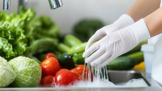 Gloved hands washing fresh produce, ensuring hygiene and food safety in professional culinary setting - Powered by Adobe
