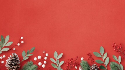 Red background shows pinecones sprigs white berries and red berries arranged along the bottom edge