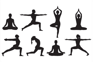 Yoga poses icons set, silhouette vector illustrations of meditation, stretching, balance, and fitness exercises, human body postures for wellness, health, relaxation, and spiritual practice