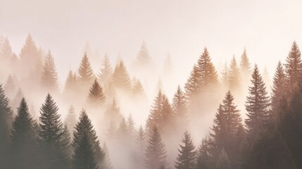 Evergreen trees fill the frame with fog and mist creating a calming peaceful forest scene