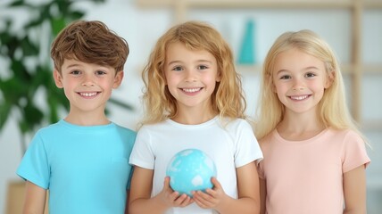 Diverse kids embracing miniature world map, representing international unity, environmental consciousness, and educational empowerment for global harmony