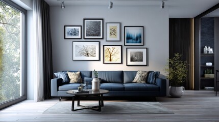 Obraz premium Living room interior featuring a blue sofa multiple framed tree images on wall and a coffee table