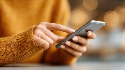 Woman relaxing at cafe table, scrolling smartphone screen while enjoying warm coffee beverage
