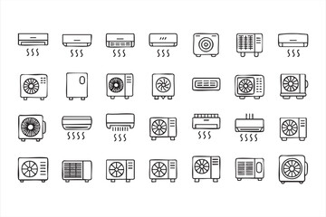 Air conditioning and heating system icons, vector drawings of HVAC units for home, office, and industrial design