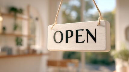 White open sign dangling from rope, signaling welcoming cafe environment with soft focused interior backdrop