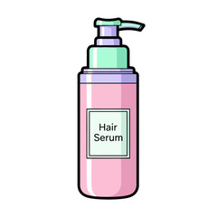 Bottle hair serum with pump dispenser, cosmetic product, beauty care, hair treatment, styling product, personal hygiene, liquid in container, pink and green colors, simple