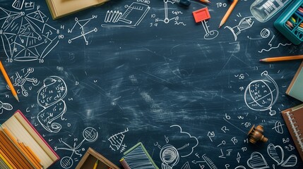Classroom chalkboard background with doodles of books, pencils, and formulas, copy space in center.