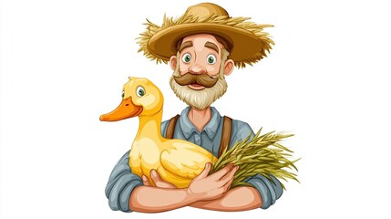 A cartoon farmer with a straw hat, holding a large yellow duck and a bundle of wheat