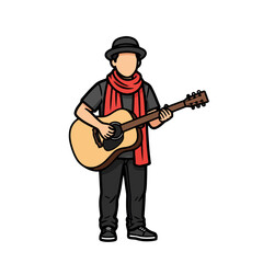 Cartoon man wearing hat and scarf, playing an acoustic guitar