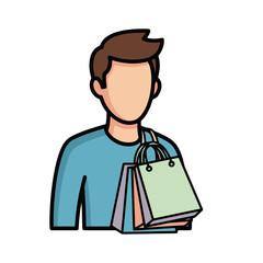 Stylized person holding several shopping bags over their shoulder, isolated on transparent