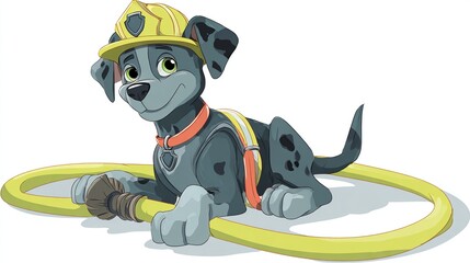 Cartoon puppy firefighter in yellow helmet, harness, holding a water hose, playful pose on white