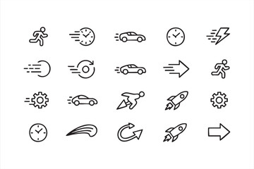 Fast performance and progress doodle vector pack, outline symbols of motion, energy, and quick movement