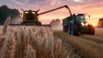 Obraz premium Combine harvester working in wheat field at sunset, creating a beautiful and evocative agricultural landscape