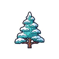 Cartoon stylized evergreen tree covered in snow, with thick trunk and branches laden with snow, isolated on transparent