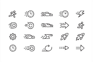 Vector outline icons of speed and fast motion, cars, rockets, arrows, clocks, and running illustrations
