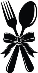 Elegant fork and spoon tied with a decorative bow, culinary celebration