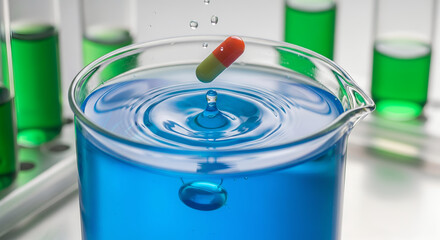 A Medicine Capsule Dropping into a Beaker of Blue Liquid