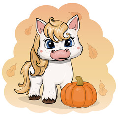 A cute cartoon White Horse with pumpkin. Vector illustration of animal with vegetable and orange baclground with autumn leaves.