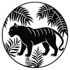 Elegant black and white illustration of a tiger walking amidst stylized foliage