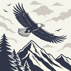 Bald eagle in flight over mountain peaks, a symbol of freedom and strength in nature