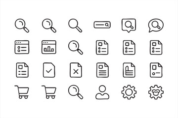 Website and app interface icons collection, outline vector illustrations of charts, documents, and navigation tools