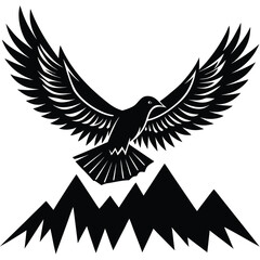 A majestic bird soars above jagged mountain peaks, its wings spread wide in a powerful display of freedom