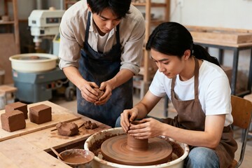 Pottery Workshop Two Men Crafting Clay Vessels mockup photo E-commerce marketing poster Background shooting scene