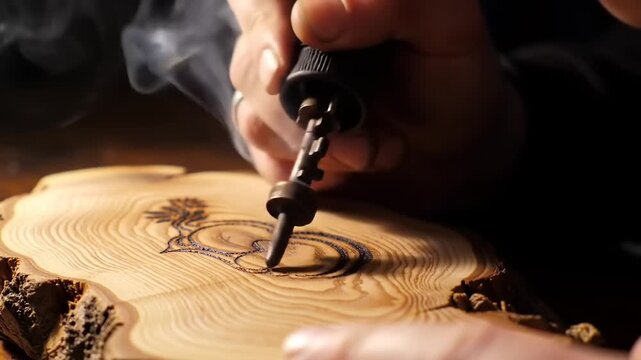 An artisan carefully burns an intricate design onto a natural wood slice with a pyrography pen.