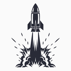 Monochromatic rocket ship blasting off with a plume of smoke below it