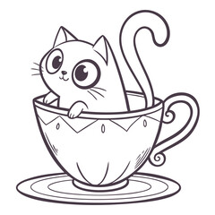 Adorable cartoon kitten peeking out of a decorative teacup with a saucer black and white line art illustration perfect for children s books and designs