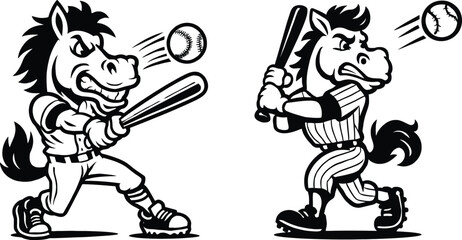 Fototapeta premium Cartoon horse baseball players swinging bats play ball game action graphics 