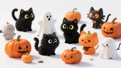 Fototapeta premium Cute Halloween-themed figurines including black cats, ghosts, and pumpkins arranged on a white background