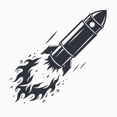 Monochromatic rocket soars through space, leaving a trail of fiery smoke behind it