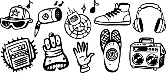 Diverse hand drawn black and white icons representing hip hop culture and music